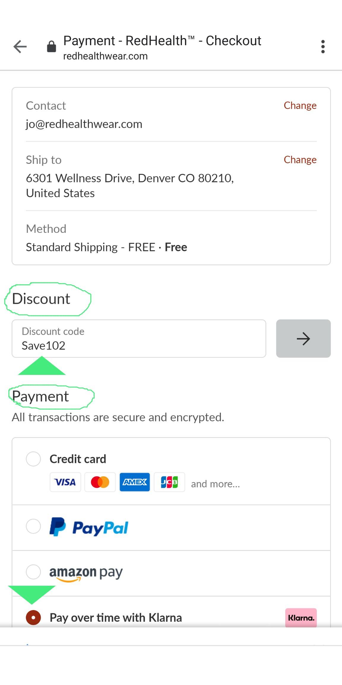 SAVE102 and KLARNA Payments Info RedHealth®